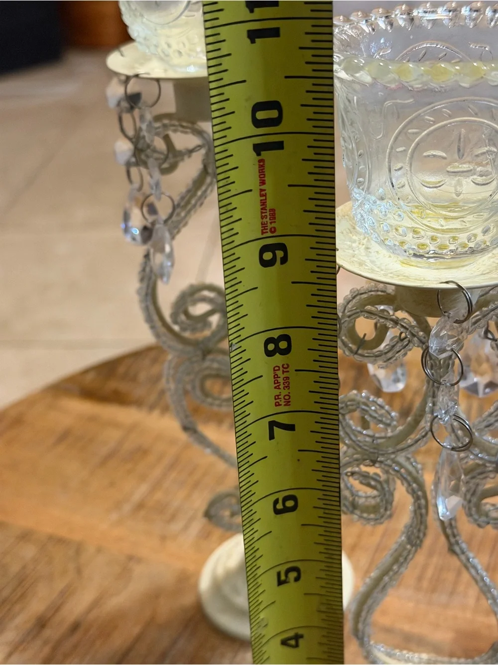 3 Shabby Chic White Metal Beaded Votive Candle Holders Cut Glass Faux Crystal